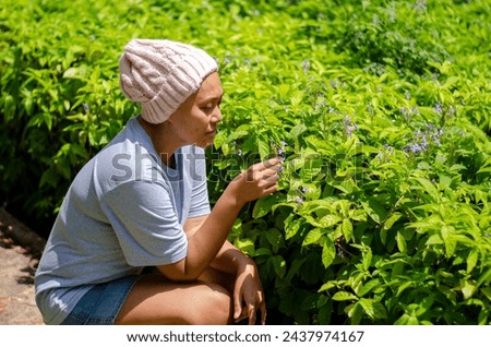 Asian woman with cancer, she feels refreshed and happy to go for a walk and look at flowers in the garden. Royalty-Free Stock Photo #2437974167