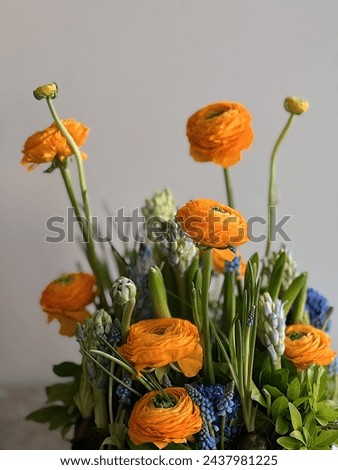 Brautiful spring floral basket with yellow ranunculus, mustard, hyacinths, delphinium flowers, decorated with moss, vertical image 