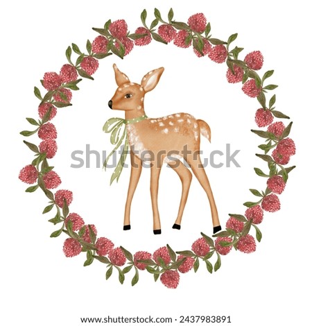 Fawn watercolor. Elegant composition of hand drawn baby deer in a round frame of clover flowers. Clip art of a forest animal isolated on a white background. For design of posters and cards for baby