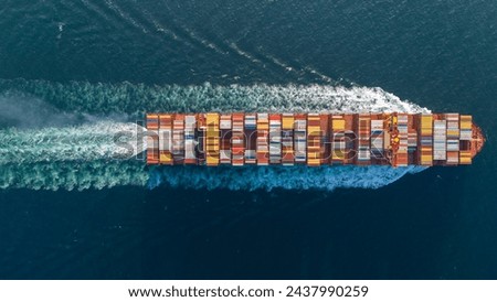 Aerial top view of cargo ship with contrail in the ocean sea ship carrying container and running from container international port smart freight shipping by ship service, webinar banner	

