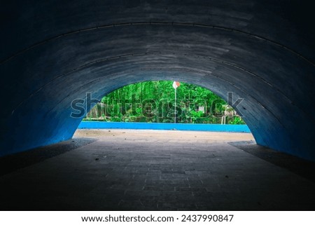 view of the iconic tunnel at the wisdom park of Gadjah Mada University, Yogyakarta. Blue paint tunnel design with aesthetic vines Royalty-Free Stock Photo #2437990847