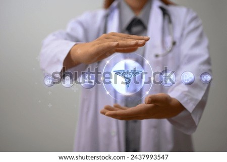 Doctor hands covering modern medical icons. Medical innovative technology and health insurance concept