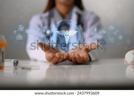 Hands of a doctor showing modern medical icons. Health care and medical innovative technology concept