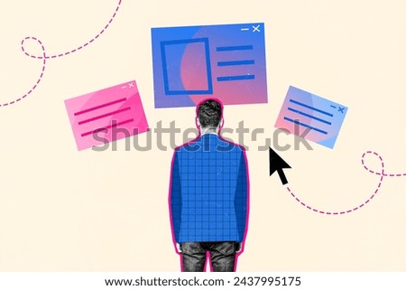 Composite photo collage of young man stand back think select tab internet cursor ad click notification isolated on painted background