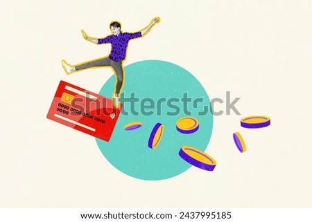 Composite photo collage of young happy guy dance credit card shopping salary accrual money coins isolated on painted background