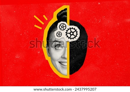 Composite photo collage of girl without body half head caricature face smile gear mechanism robot isolated on painted background Royalty-Free Stock Photo #2437995207