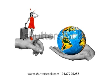 Composite 3D collage artwork sketch image of two huge hands one hold earth globe another young travel lady with baggage holiday travel
