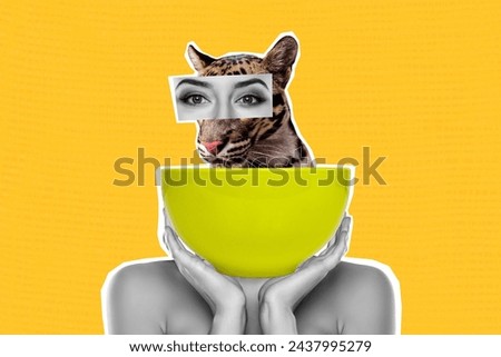 Composite artwork 3D photo collage of surreal picture woman body headless instead hold in hand huge plate leopard inside with lady eyes