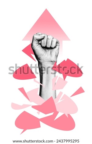 Vertical 3d photo collage of hand beat fist break text box arrow up success ambition goal motivation isolated on painted background