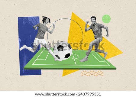 Football league competition collage illustration of young woman playing versus boyfriend football world cup isolated on beige background