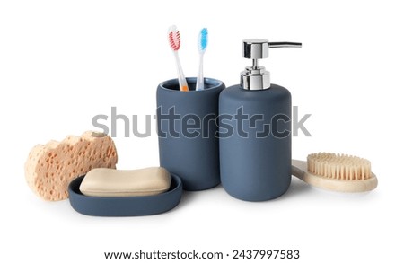 Bath accessories. Different personal care products isolated on white