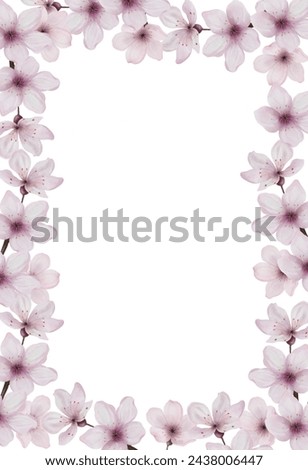 Cherry flowers watercolor. Flower frame of pink sakura isolated on a white background. Spring clip art botanical card. For invitation and banner design