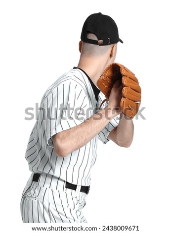 Baseball player with glove on white background, back view