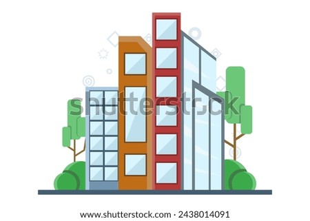 city buildings, flat design of modern buildings. Modern city buildings and houses flat vector icons. Minimalist, skyscrapers. colorful cottage buildings, cafe houses.