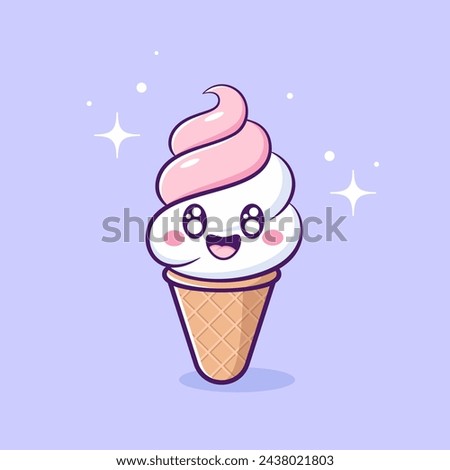 Kawaii ice cream cone vector flat illustration. Pink and white cartoon ice cream with outline and smiling face on blue background.