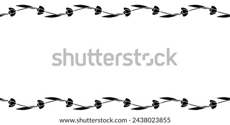 Vector frame from black flat tulips, flowers. Horizontal top and bottom edging, border, decoration for greeting card, nature design Royalty-Free Stock Photo #2438023855