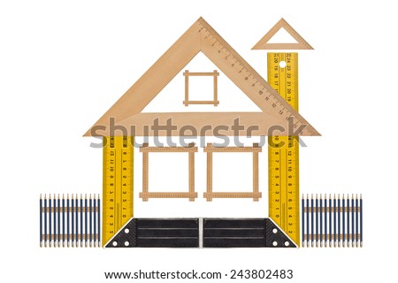 House of the tools,  Metallic tool to measure right angle, triangle and wooden ruler, pencil and tape measure on a white background
