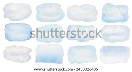 Watercolor set of illustrations. Hand painted abstract backgrounds in blue, grey colors. Ocean, sea, snow, water, sky. Blank templates for thought bubbles. Speech bubble for text. Isolated clip art