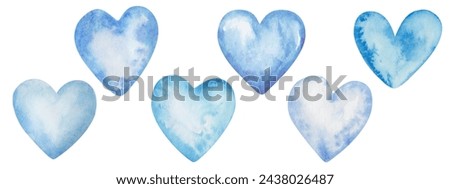 Watercolor set of illustrations. Hand painted hearts in blue color. Blank template backgrounds. Love, dating, couple elements. Abstract water, sea, sky. Isolated clip art for Valentine's Day