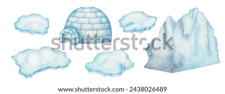Watercolor set of illustrations. Hand painted igloo house, ice floe, iceberg. Blue, white glacier, block of ice, icehouse. Floating frozen water, snow. Winter in Arctic, Antarctic. Isolated clip art