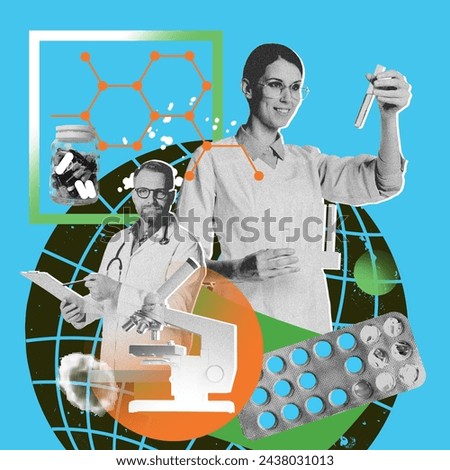 Scientists, doctors working in laboratory with medical icons of molecules, pills on globe background. Contemporary artwork. Concept of medicine and treatment. Pharmaceutical research and development.