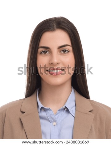 Passport photo. Portrait of woman on white background Royalty-Free Stock Photo #2438031869