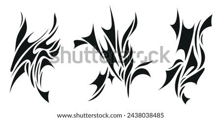 Vector set of y2k style neo tribal tattoos set, silhouettes, grunge metal illustrations. Metal, rock, punk aesthetic