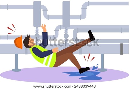 Worker falling on wet floor inside pipe installation room vector illustration, petrochemical industry, worker slips on oil in pipe room inside gas refinery plant Royalty-Free Stock Photo #2438039443