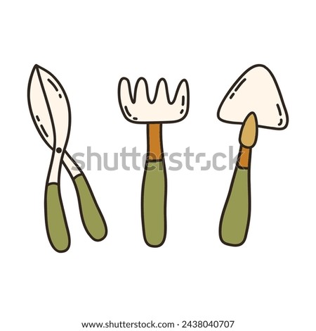 Gardening equipment set. Hoe, pruner, cultivator, small hand tools. Colorful vector isolated illustration hand drawn doodle. Icon, card, clip art. Spring and summer season, farming