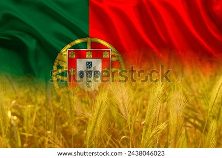 beautiful silk background, national flag of Portugal, golden ripe ears of wheat, concept of rich harvest of bread, grain import, export abroad, stock exchange, grain trading, Grains Futures Prices
