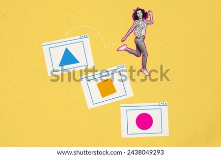 Creative image photo collage young cheerful girl dance internet web windows interface computer app geometric figures yellow background