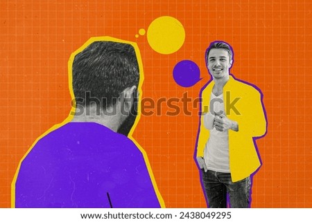 Collage image of two black white effect guys dialogue mind bubble communicate drink coffee isolated on orange checkered background