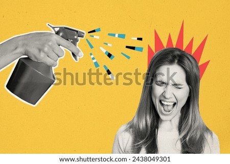 Photo collage picture screaming mad young girl burning head furious reaction water pulverize extinguish flame yellow background