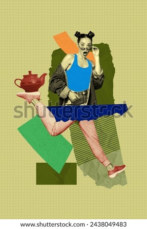 Composite collage picture image of funny surprised female running drink tea teapot billboard comics zine minimal