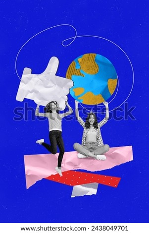 Composite collage picture image of two young girls hold planet earth ecology thumb up eco friendly bizarre unusual fantasy billboard