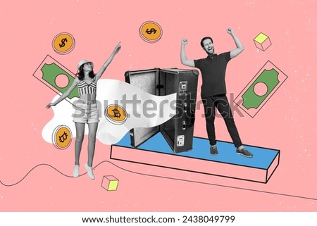 Creative template graphics collage image of lucky excited couple winning full money suitcases isolated pink color background Royalty-Free Stock Photo #2438049799