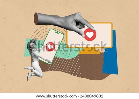 Collage artwork minimal picture of excited funny lady enjoying getting instagram twitter telegram facebook likes isolated beige color background