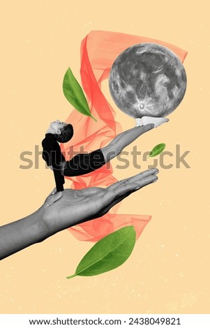 Composite collage picture image of hand hold sportswoman yoga meditation full moon spiritual tranquil billboard comics zine minimal