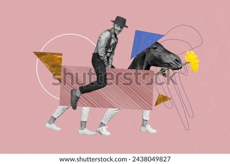 Creative poster collage of young gentleman cowboy riding horse legs walking bizarre unusual fantasy billboard