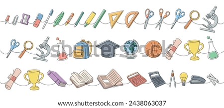 School accessories one line colored continuous drawing. Notebook, microscope, test tube, pencil, paper clip, eraser, diploma, trophy, schoolbag
