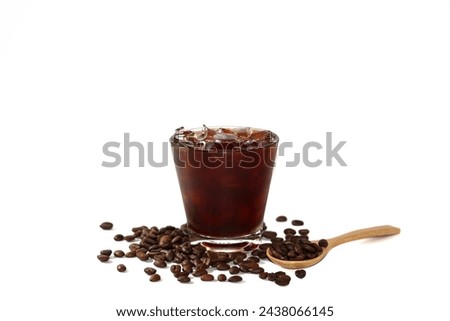 Pictures Americano ice coffee and coffee beans put on white background with isolated picture.