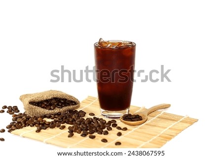Put coffee beans and americano ice coffee with isolated picture with white background.