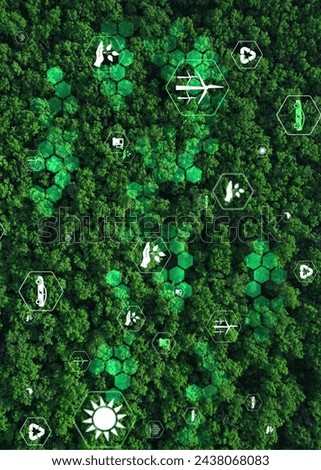 Small pictograms symbolizing ecology superimposed on the aerial view of a green forest Royalty-Free Stock Photo #2438068083