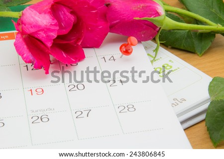 red roses lay on the calendar with the date of February 14th Valentine's day