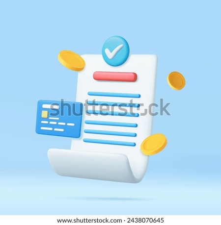 3D bill payment with credit card,check and golden coins, financial for online shopping, bill online payment credit card with payment protection concept. 3D Rendering. Vector illustration