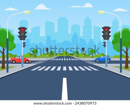 city crossroad with cars, road on crosswalk with traffic lights. markings and sidewalk for pedestrians. highway, concept. Vector illustration in flat style Royalty-Free Stock Photo #2438070973