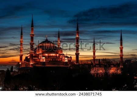 Blue Mosque or Sultanahmet Mosque at night with illumination. Famous islamic monument of the Ottoman architecture in Istanbul, Turkey.