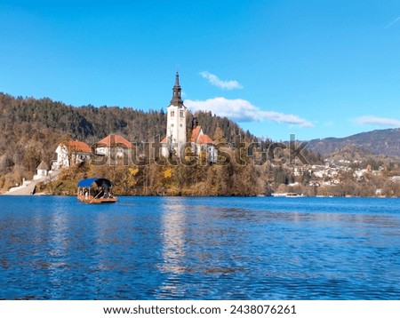 Amazing View On Bled Lake, Island,Church And Castle With Mountain Range (Stol, Vrtaca, Begunjscica) In The Background-Bled,Slovenia,Europe Royalty-Free Stock Photo #2438076261