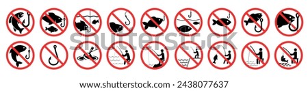 No fishing sign. Fishing ban sign set.