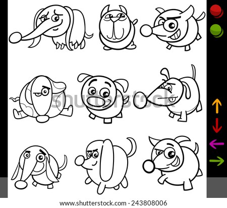 Black and White Cartoon Vector Illustration of Funny Dogs Animal Characters with Buttons for Application or Video Game